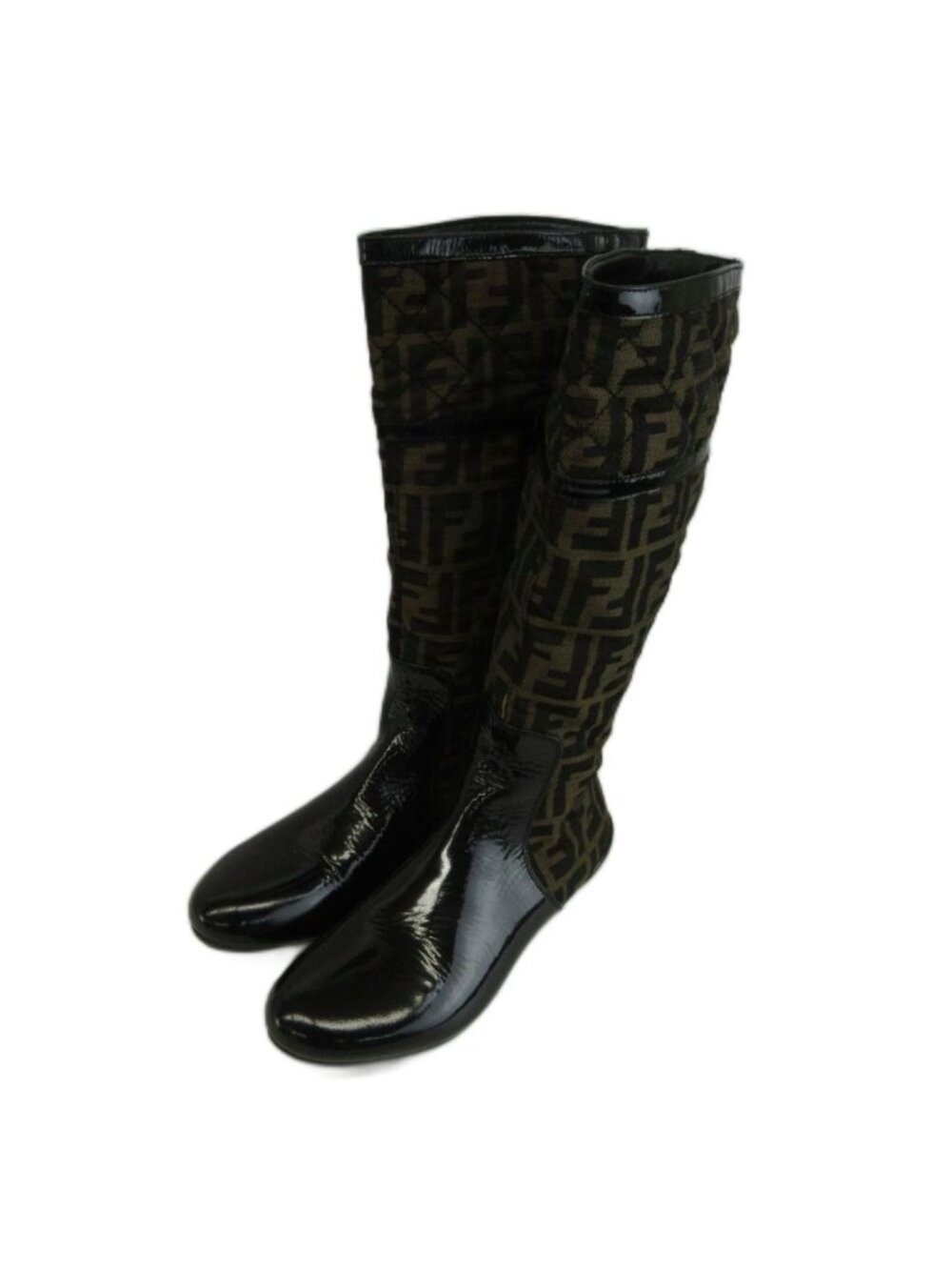 Fendi Long Boots Canvas Patent Paneled Round Toe Flat Zucca Pattern